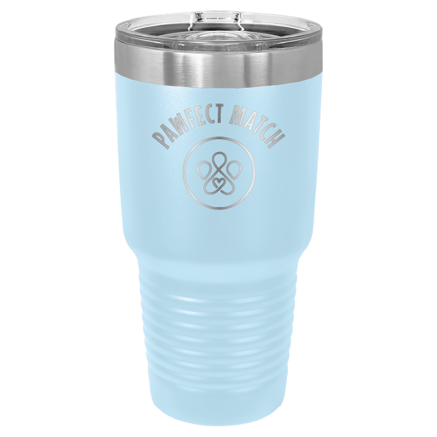 Light blue30 oz laser engraved tumbler featuring the Pawfect Match logo