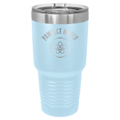 Light blue30 oz laser engraved tumbler featuring the Pawfect Match logo