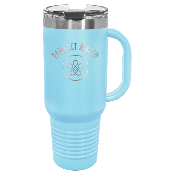 Light blue 40 oz laser engraved tumbler featuring the Pawfect Match logo