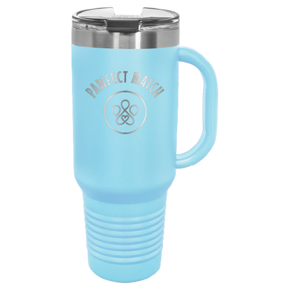 Light blue 40 oz laser engraved tumbler featuring the Pawfect Match logo