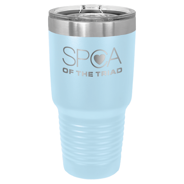 Light Blue 30 oz laser engraved tumbler featuring the SPCA of the Triad logo.