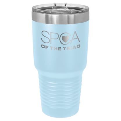 Light Blue 30 oz laser engraved tumbler featuring the SPCA of the Triad logo.