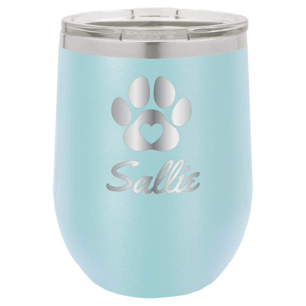 Laser engraved personalized wine tumbler featuring a paw print with heart, in light blue