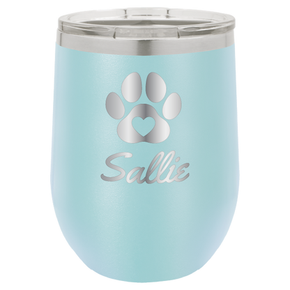 Laser engraved personalized wine tumbler featuring a paw print with heart, in light blue
