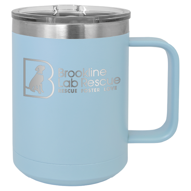 Light Blue laser engraved 15 of coffee cup featuring the Brookline Lab Rescue logo