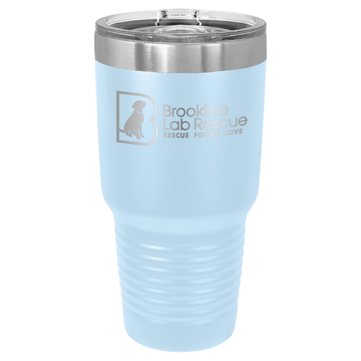 Light blue laser engraved 30 oz tumbler featuring the Brookline Lab Rescue logo