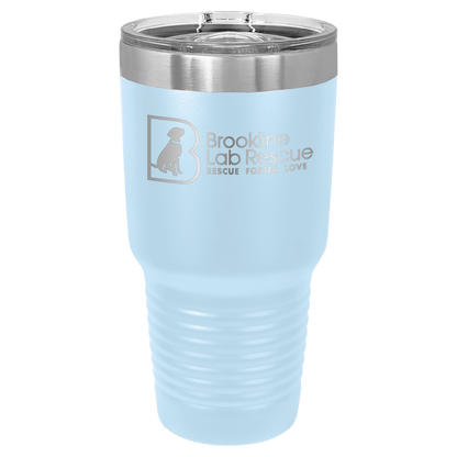 Light blue laser engraved 30 oz tumbler featuring the Brookline Lab Rescue logo