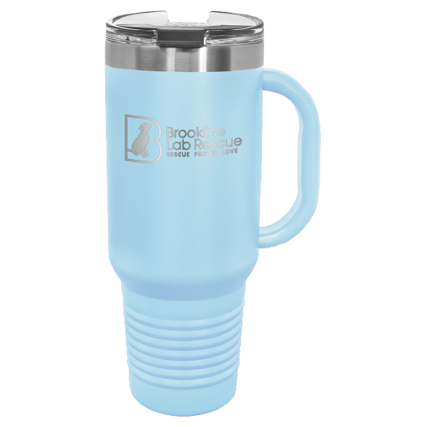 Light blue laser engraved 40 oz tumbler with handle featuring the Brookline Lab Rescue logo