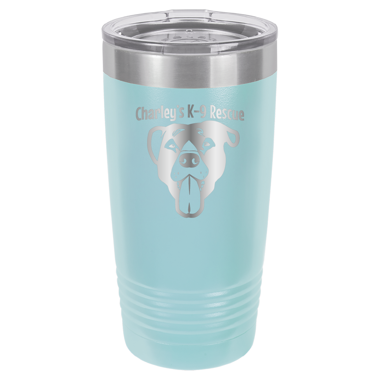 Light Blue 20 ounce tumbler laser engraved  tumbler featuring the Charley's K9 Rescue logo