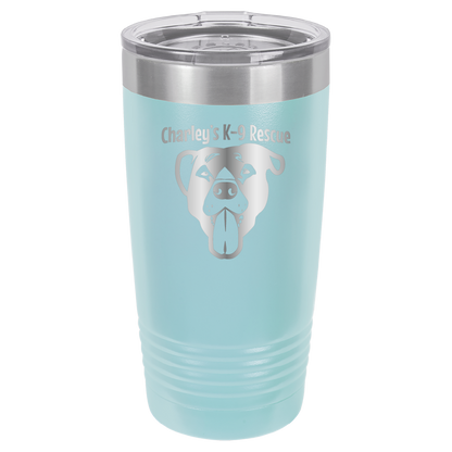 Light Blue 20 ounce tumbler laser engraved  tumbler featuring the Charley's K9 Rescue logo