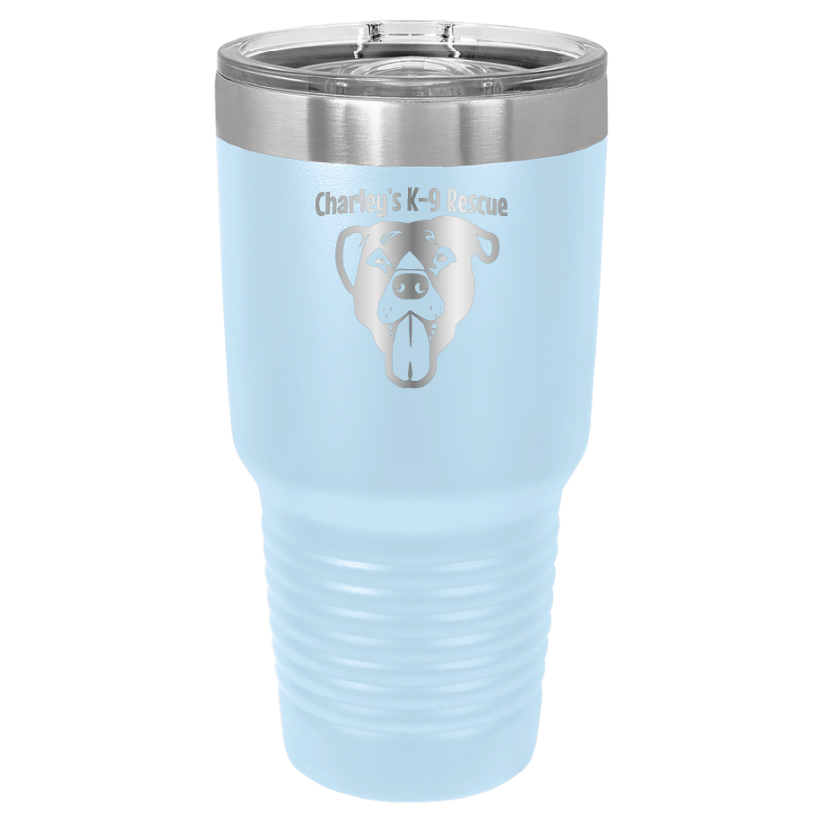 Light Blue 30 oz tumbler laser engraved  tumbler featuring the Charley's K9 Rescue logo