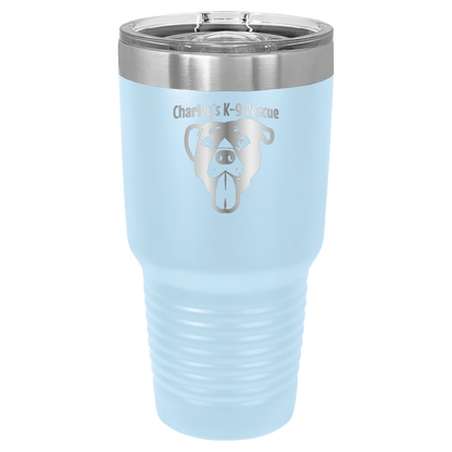 Light Blue 30 oz tumbler laser engraved  tumbler featuring the Charley's K9 Rescue logo