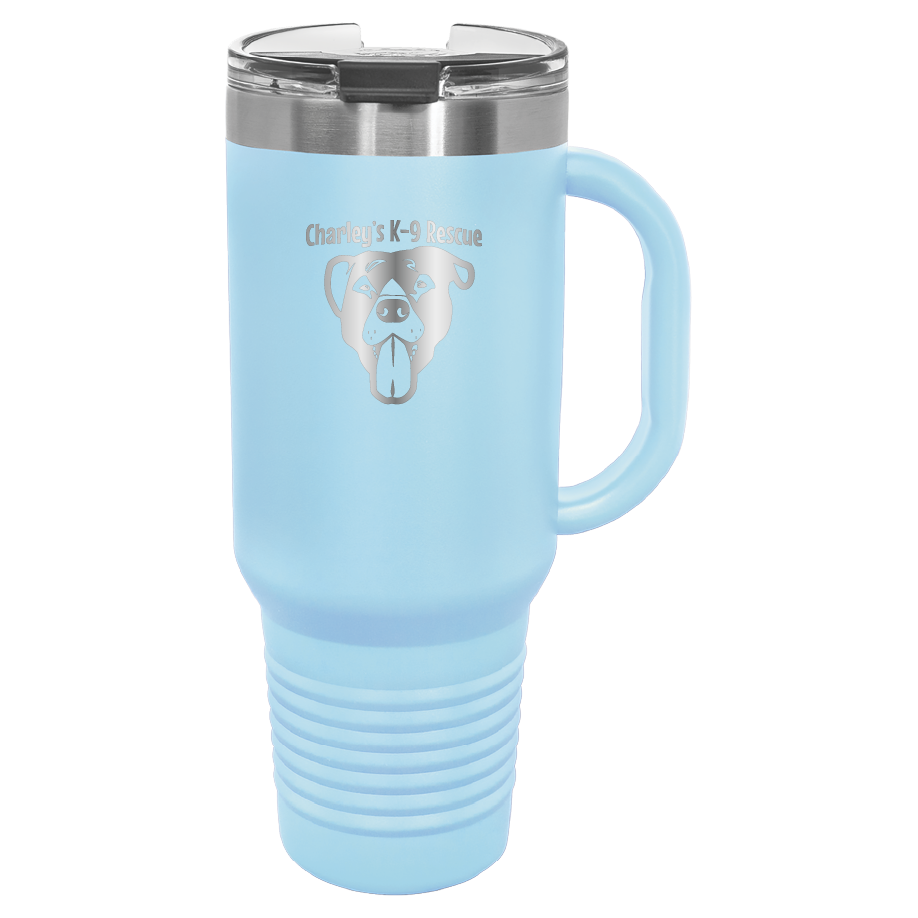 Light Blue 40 oz tumbler with handle laser engraved  tumbler featuring the Charley's K9 Rescue logo