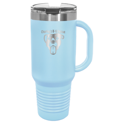 Light Blue 40 oz tumbler with handle laser engraved  tumbler featuring the Charley's K9 Rescue logo