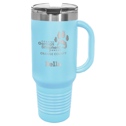 40 tumbler, laser engraved with the Coastal German Shepherd Rescue of OC logo, in light blue