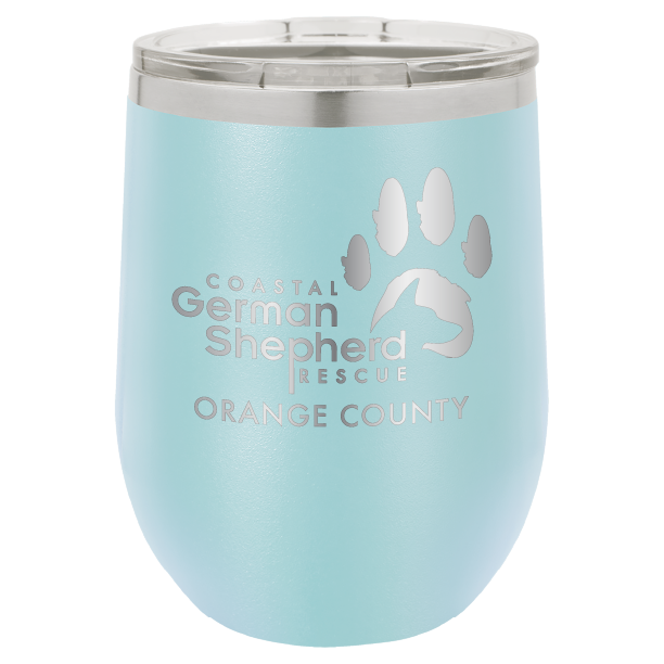 12 oz Wine tumbler laser engraved with the Coastal German Shepherd Rescue of Orange County logo, in light blue