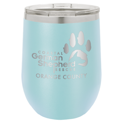 12 oz Wine tumbler laser engraved with the Coastal German Shepherd Rescue of Orange County logo, in light blue