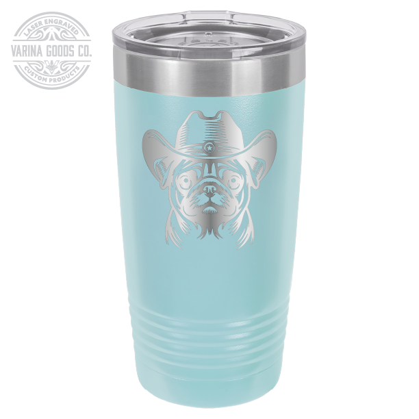 Light blue Cowboy Pug laser engraved 20 oz tumbler.