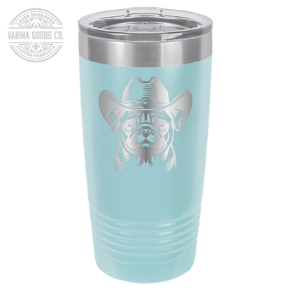 Light blue Cowboy Pug laser engraved 20 oz tumbler.