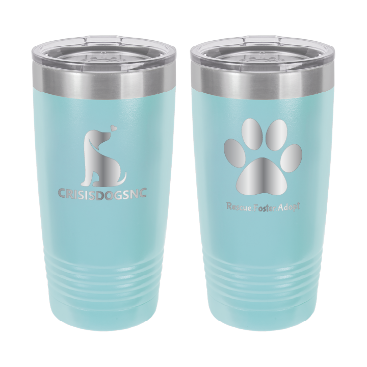 Light blue 20 oz laser engraved tumbler with the Crisis Dogs NC logo on one side and Rescue.Foster. Adopt. on the reverse side.