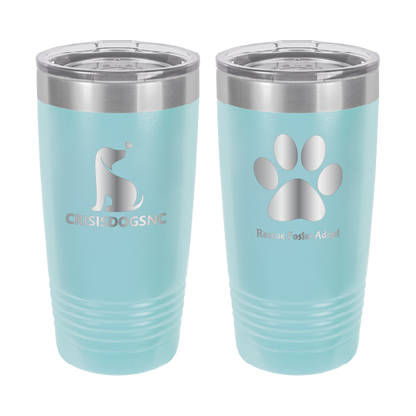 Light blue 20 oz laser engraved tumbler with the Crisis Dogs NC logo on one side and Rescue.Foster. Adopt. on the reverse side.