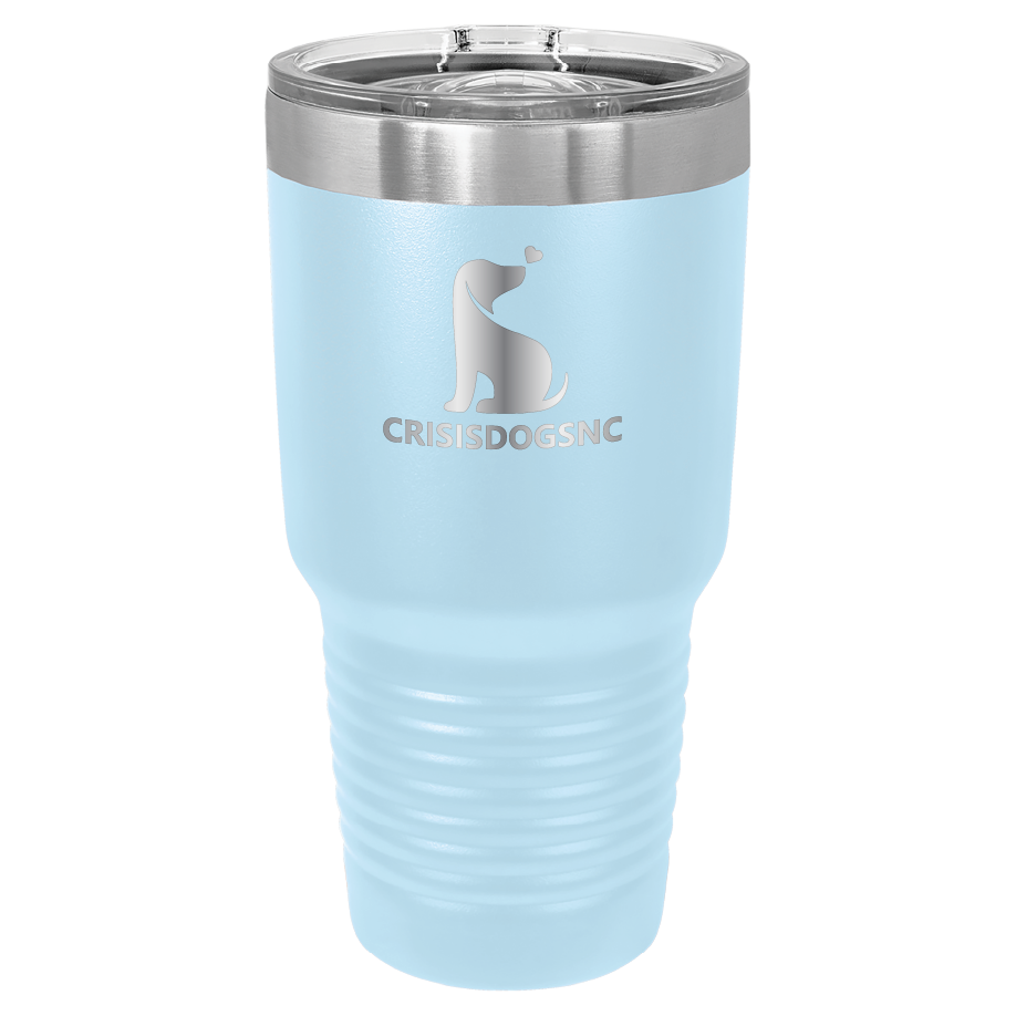 Light Blue 30 oz laser engraved tumbler with the Crisis Dogs NC logo.