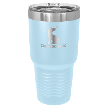 Light Blue 30 oz laser engraved tumbler with the Crisis Dogs NC logo.