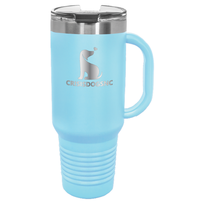 Light blue laser engraved 40 oz travel mug featuring the Crisis Dogs NC logo.