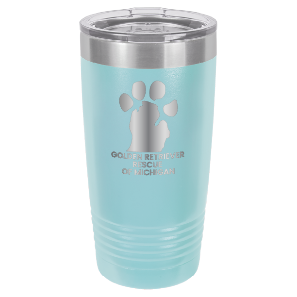 Light Blue 20 Oz laser engraved tumbler with the Golden Retriever Rescue of Michigan logo