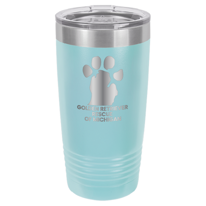 Light Blue 20 Oz laser engraved tumbler with the Golden Retriever Rescue of Michigan logo