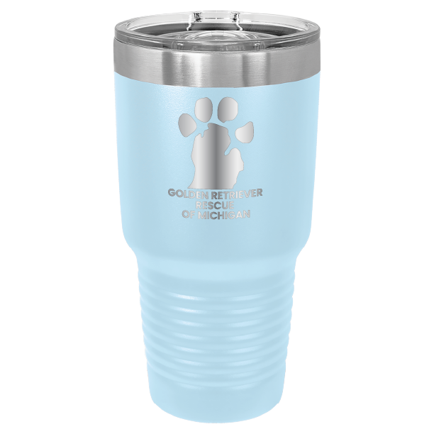 Light Blue 30 laser engraved tumbler featuring the Golden Retriever Rescue of Michigan logo