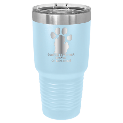 Light Blue 30 laser engraved tumbler featuring the Golden Retriever Rescue of Michigan logo