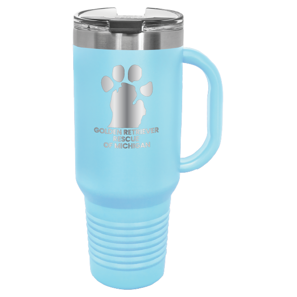 Light Blue 40 Oz laser engraved tumbler featuring the  Golden Retriever Rescue of Michigan (GRRoM) logo