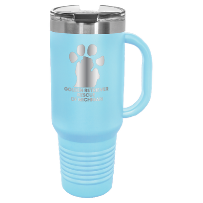 Light Blue 40 Oz laser engraved tumbler featuring the  Golden Retriever Rescue of Michigan (GRRoM) logo