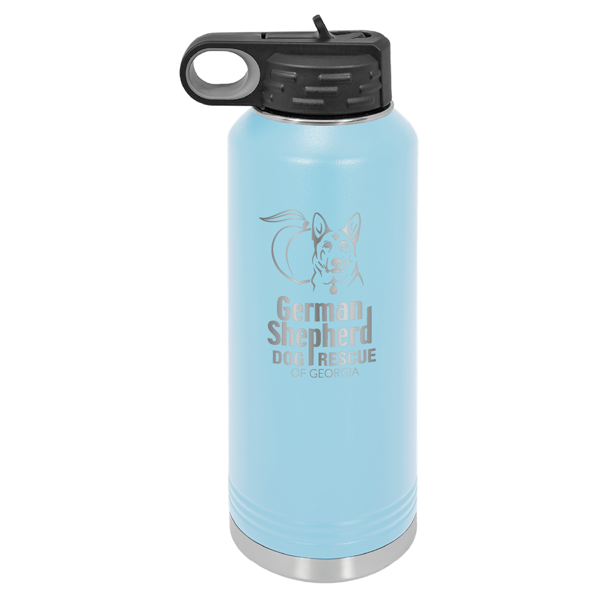 40 Oz Laser engraved water bottle featuring the German Shepherd Dog Rescue of Georgia, in Light Blue