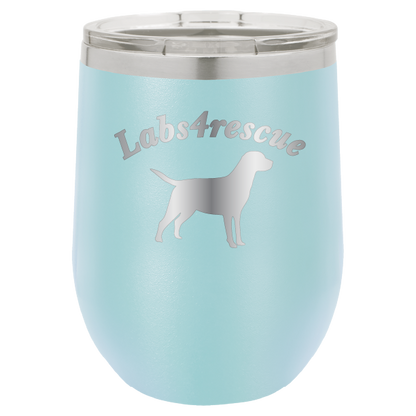 12 oz laser engraved wine tumbler with the labs4rescue logo, in light blue