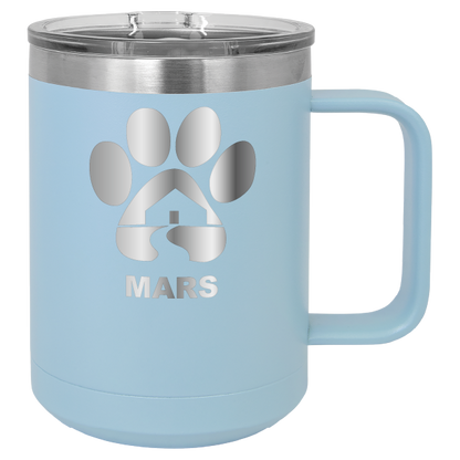 Light blue 15 ounce laser engraved coffee mug with the Midwest Animal Rescue & Services (MARS) logo.