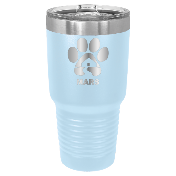 Light blue 30 ounce laser engraved tumbler with the Midwest Animal Rescue & Services (MARS) logo.