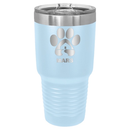 Light blue 30 ounce laser engraved tumbler with the Midwest Animal Rescue & Services (MARS) logo.