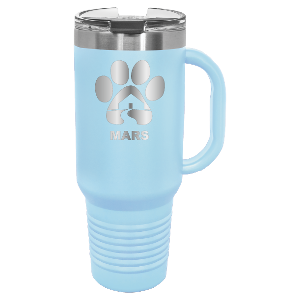 Light blue 40 ounce laser engraved travel mug with handle, featuring the with the Midwest Animal Rescue & Services (MARS) logo