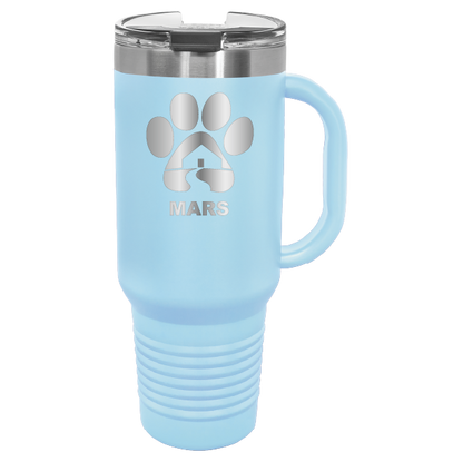 Light blue 40 ounce laser engraved travel mug with handle, featuring the with the Midwest Animal Rescue & Services (MARS) logo