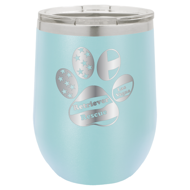 Light Blue laser engraved wine tumbler with the logo of retriever rescue of Las Vegas