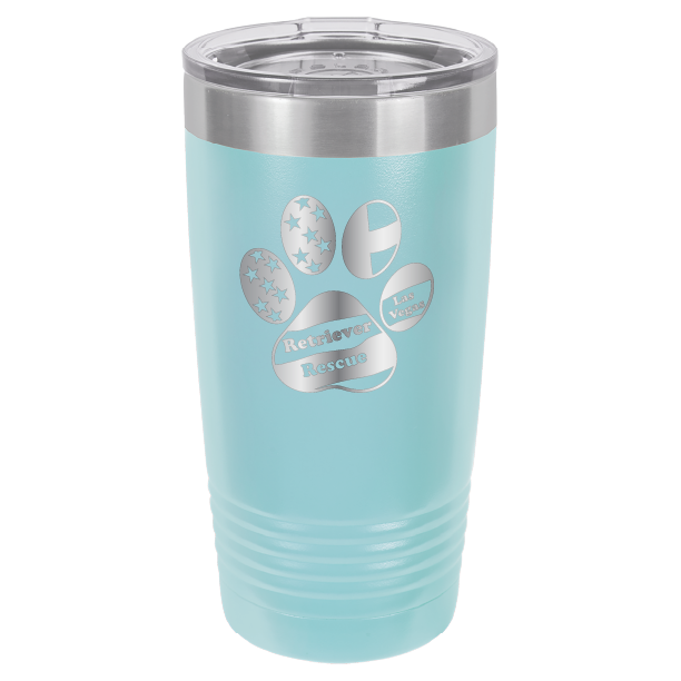 Light Blue laser engraved 20 tumbler featuring the Retriever Rescue of Las Vegas logo