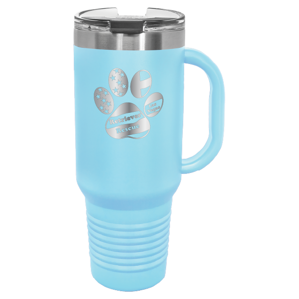 Light Blue laser engraved tumbler with handle, featuring the logo of Retriever Rescue of Las Vegas