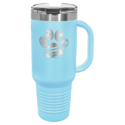 Light Blue laser engraved tumbler with handle, featuring the logo of Retriever Rescue of Las Vegas