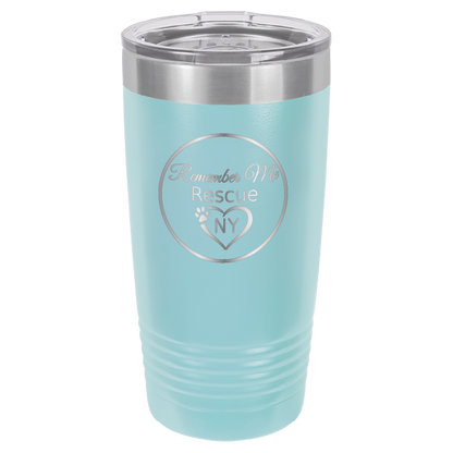 Light Blue  laser engraved 20 tumbler featuring the logo of Remember Me Rescue NY