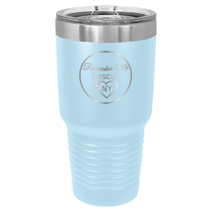 Light Blue 30 oz laser engraved tumbler featuring the Remember Me Rescue NY logo.