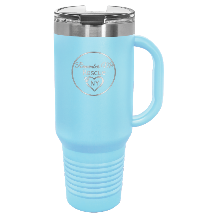 Light Blue 40 oz laser engraved tumbler featuring the Remember Me Rescue NY logo.