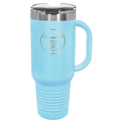 Light Blue 40 oz laser engraved tumbler featuring the Remember Me Rescue NY logo.