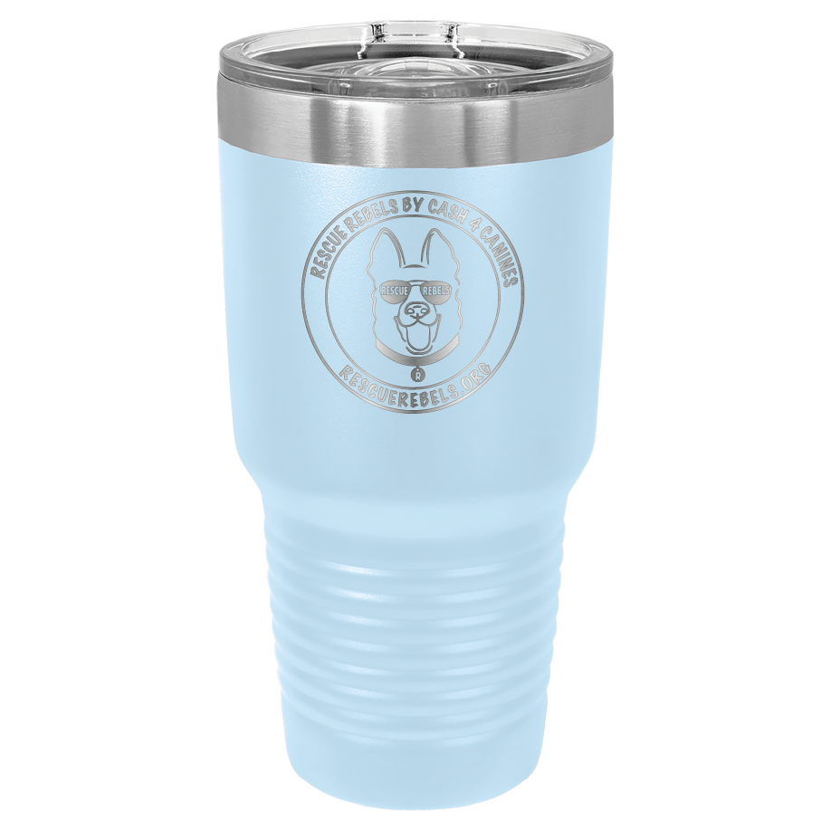 Light blue 30 oz tumbler laser engraved  water bottle featuring the Rescue Rebels logo